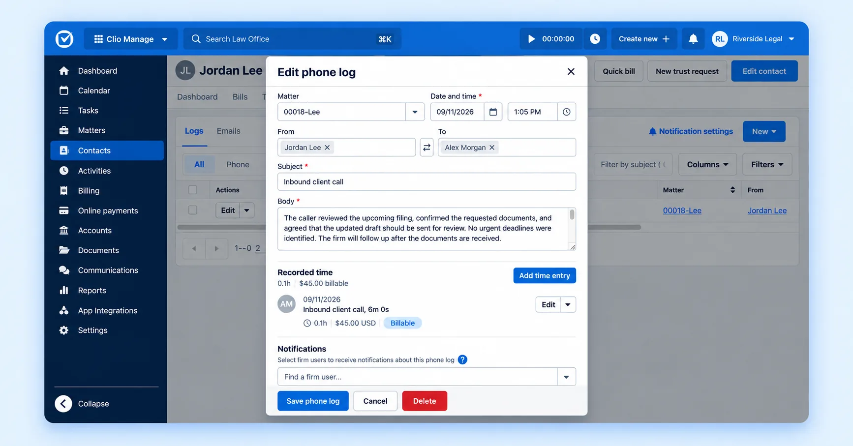 Clio phone log with a call summary and billable time entry for a synthetic matter