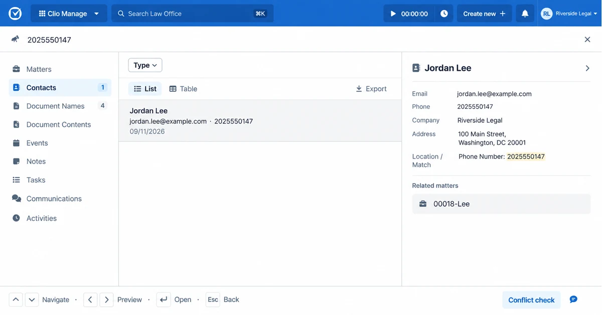 Clio contact search showing a phone number matched to Jordan Lee at Riverside Legal