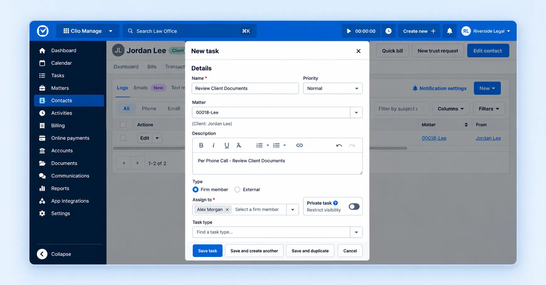Clio new task form assigning a follow-up task to a team member on a synthetic matter